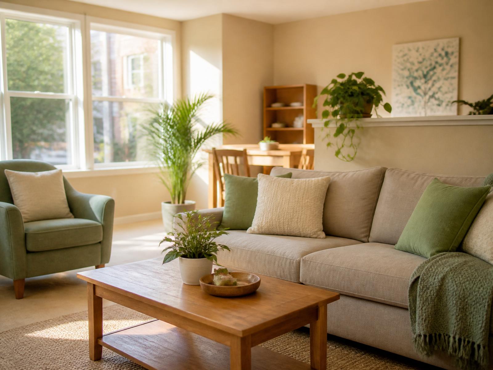 Sunlit shared living room in a Hospitality Homecare LLC transitional home